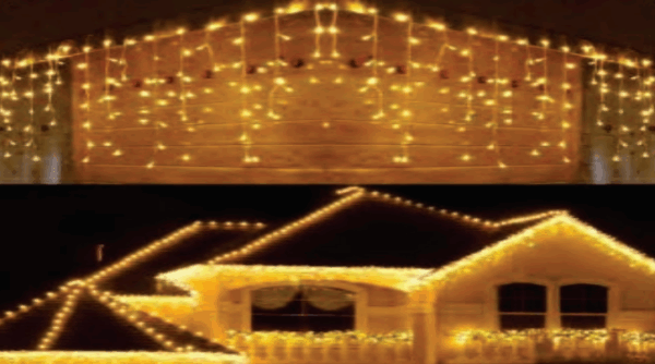 CASCATA 200 LEDS WARM FIO TRANSPARENTE FIXO TOMADA M/F- IP44